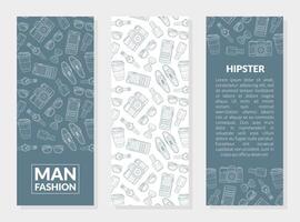 Men Fashion, Hipster Banner Templates Set with Place for Your Text and Gentleman Accessories Hand Drawn Pattern, Design Element Can Be Used for Card, Label, Invitation Illustration vector