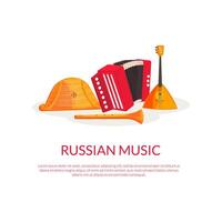 Russian Music Banner Template with Place for Text and Russian Folk Music Instruments, Accordion, Balalaika, Harp, Flute Illustration vector