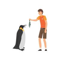 Zoo Worker Feeding Penguin Fish, Professional Zookeeper Character Caring of Animals Illustration vector