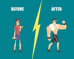 Weak and Muscular Men, Man Before and After Training, Demonstration of Progress in Training vector