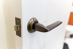 This captivating image showcases a beautifully designed door handle on a clean white door, highlighting its intricate details and rich texture as an essential household fixture photo