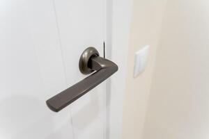 This detailed closeup image presents a beautifully crafted door handle mounted on an immaculate white door, emphasizing the exquisite intricacies and thoughtful design elements involved photo