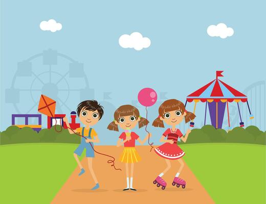 Cute Children at Amusement Park, Summer Landscape with Carousels and Ferris Wheel Illustration