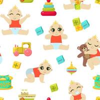 Baby Toddler Character Seamless Pattern, Cute Child in Diaper Playing and Sleeping, Design Element Can Be Used for Fabric, Wallpaper, Packaging Illustration vector