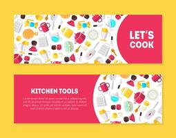 Lets Cook, Kitchen Tools Banner Templates Set with Place for Text and Cooking Utensils Pattern, Design Element Can Be Used for Card, Label, Invitation, Certificate Colorful Illustration vector