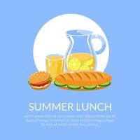 Summer Lunch Banner Template with Place for Text, Lemonade Jug, Sandwich and Burger Illustration vector
