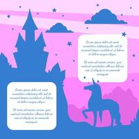 Silhouette of Fairytale Magic Castle and Unicorn on Sunset Background, Banner Template with Place fo Text Illustration vector