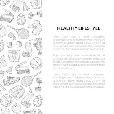 Healthy lifestyle Banner Template, Sports and Fitness Objects Hand Drawn Illustration