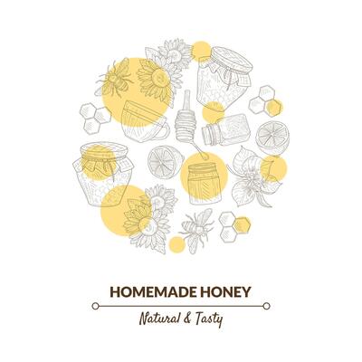 Organic Honey Banner Template with Hand Drawn Pattern in Circular Shape, Natural Sweet Healthy Food, Design Element Can Be Used for Card, Label, Invitation, Certificate Illustration