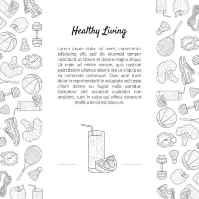 Sport and Diet Banner Template with Place for Text, Healthy Lifestyle, Sports and Fitness Objects Hand Drawn Illustration