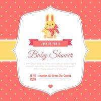 Baby Shower Invitation Template on Red Polka Dot Background, Card with Cute Toy Bunny and Place For Your Text Illustration vector
