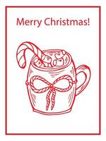 Cup of cocoa with march mello and lasso bow. Christmas card. Hand drawn outline art illustration. vector