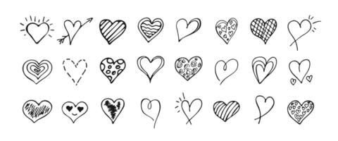 Doodle Heart Set. Collection Hand Drawn Icons. Scribble Markers Shape Isolated on White Background. Illustration for Pattern, Poster, Valentines Day Card, Scrap booking, graphic design, web, print. vector