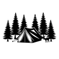 A tent and deer in the woods with trees vector