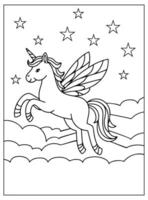 Unicorn flying in the sky. Unicorn Coloring Page for kids vector