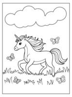 Cute Unicorn running on the grass Coloring Page for kids vector