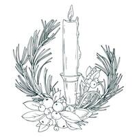 Candle burning in a vintage candlestick with pine and snowberry branches. Line art is a simple hand-drawn illustration in black and white ink. Composition, arrangement EPS, Christmas, New Year vector