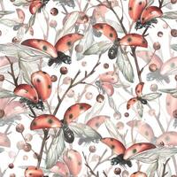 Ladybugs in flight from different angles against the background of autumn apple branches. Watercolor illustration hand drawn. Seamless pattern on white background. vector