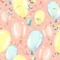 Festive, seamless pattern with balloons of yellow, blue and pink colors on a pink background. Watercolor illustration from a large set of HAPPY BIRTHDAY. For decoration and background design vector