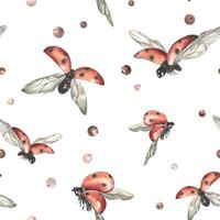 Red ladybugs with black dots flying with berries. watercolor illustration, hand drawn. Seamless pattern on a white background vector