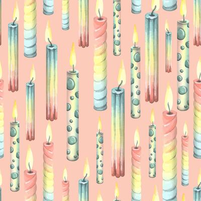 Multi-colored festive candles with fire, for a cake, birthday, holiday on a pink background. Watercolor illustration, hand drawn. Seamless pattern for fabric, wallpaper, packaging, wrapping paper.