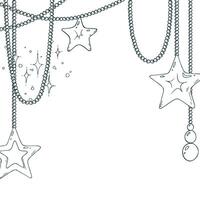 Beads with toys stars hanging with shimmer. Line art is a simple hand-drawn illustration in black and white ink. Template, frame, decorative framing EPS. Christmas, New Year vector