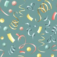 Multicolored ribbons and confetti on a turquoise background. Watercolor illustration. festive, congratulatory, seamless pattern from the collection of HAPPY BIRTHDAY. For wrapping paper, fabric vector