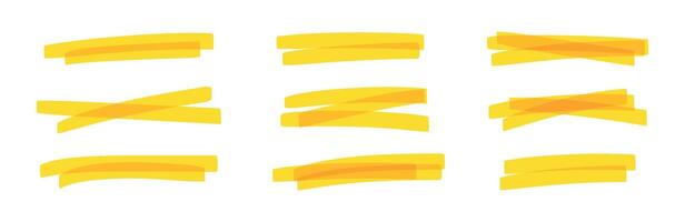 Yellow marker strokes set with brush texture for highlighting text. Doodle underline or box elements. Flat illustration isolated on white background. vector