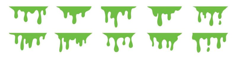 Dripping green goo with splashes and blot effects. Mucus texture blobs. Flat illustration isolated on white background. vector
