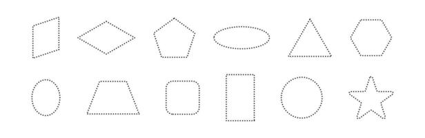 Dotted frames with simple dashed lines. Rectangular and round outline elements for coupon or label shapes. Flat illustration isolated on white background. vector