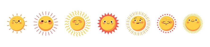 Cute cartoon sun sticker with a smiling face and groovy design. Happy summer character for kids and fun patches. vector
