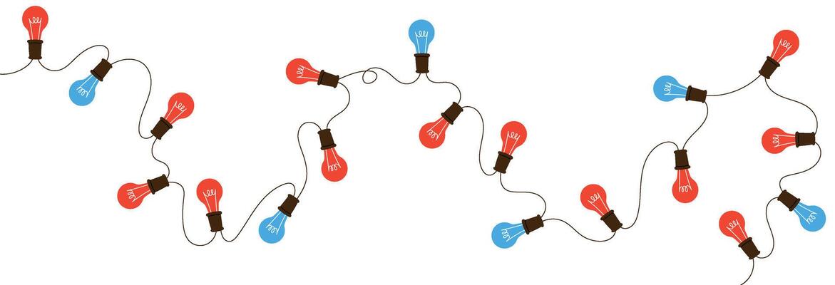 String of lights in line with sketchy doodle art. Decorative border for Christmas holiday and party designs. Flat illustration isolated on white background.