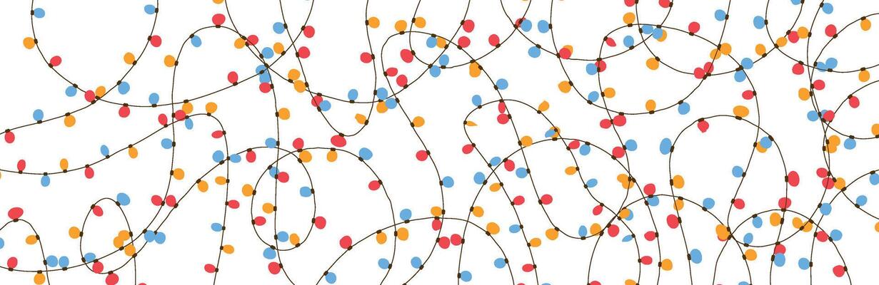 String of lights in line with sketchy doodle art. Decorative border for Christmas holiday and party designs. Flat illustration isolated on white background.