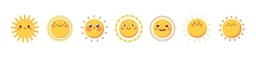 Sunshine character with a funny face in a groovy cartoon style. Set of summer stickers and patches for playful designs. vector