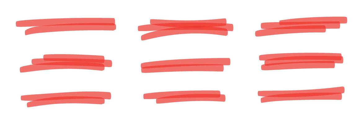Red marker strokes set with brush texture for highlighting text. Doodle underline or box elements. Flat illustration isolated on white background.
