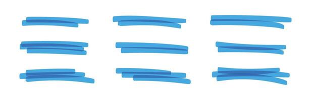 Blue marker strokes set with brush texture for highlighting text. Doodle underline or box elements. Flat illustration isolated on white background. vector