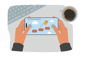 Mobile phone with game in hands of person using time killer to take break from work vector