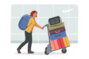 Woman tourist walks through airport with luggage bags in trolley, heading to check-in for flight vector