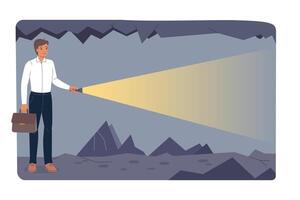 Brave business man finds way in dark and uses flashlight to search for new career opportunities vector