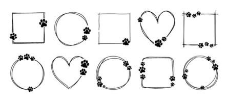 Pet frame. Cat, dog paw frames. Doodle animal footprint border. Hand drawn circle, heart, square, round shapes with walking paws. Empty bubble for animal lovers. set vector