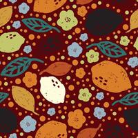 a pattern with fruit and leaves on a red background vector