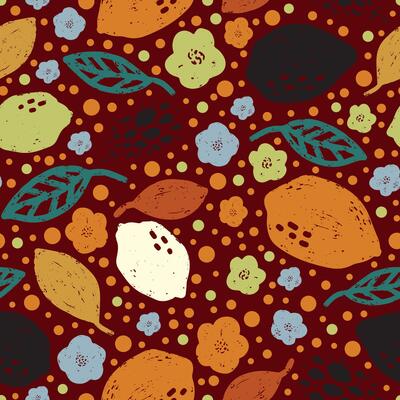 a pattern with fruit and leaves on a red background