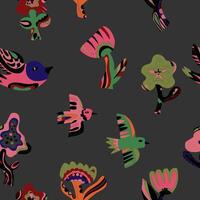 a pattern of colorful birds and flowers on a gray background vector
