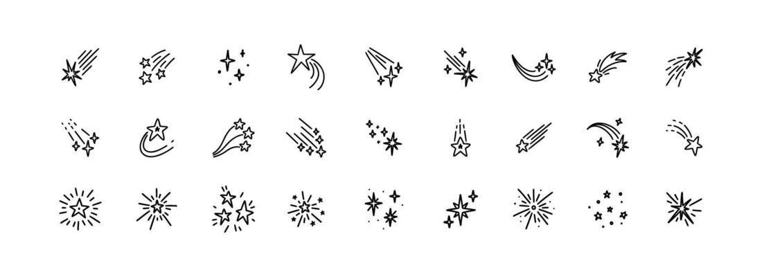 Hand drawn sketchy falling stars, comets, meteors. Doodle sparkle glitter. Starry nighttime. Manga movement expressions icon set. Space galaxy illustration. Crayon, ink, pen drawing.