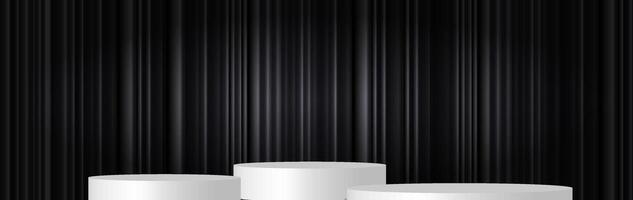 Three white pedestals set against a black backdrop create a minimalist display ideal for showcasing art or products. vector