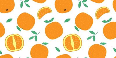 Seamless pattern with oranges. Citrus fruit is whole, juicy in slices with pulp. Delicious kitchen print. vector