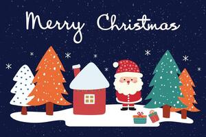Cute Christmas illustration with Santa, New Year gifts and trees. Merry Christmas card. vector