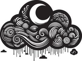 A black and white drawing of a cloud with a moon vector