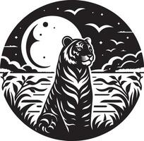 A tiger sitting in the grass at night with the moon in the background vector