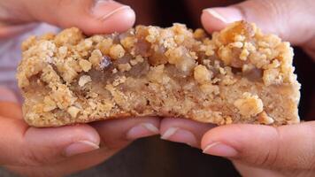 Delicious Oatmeal Nut Bar Being Held in Both Hands Enthusiastically video